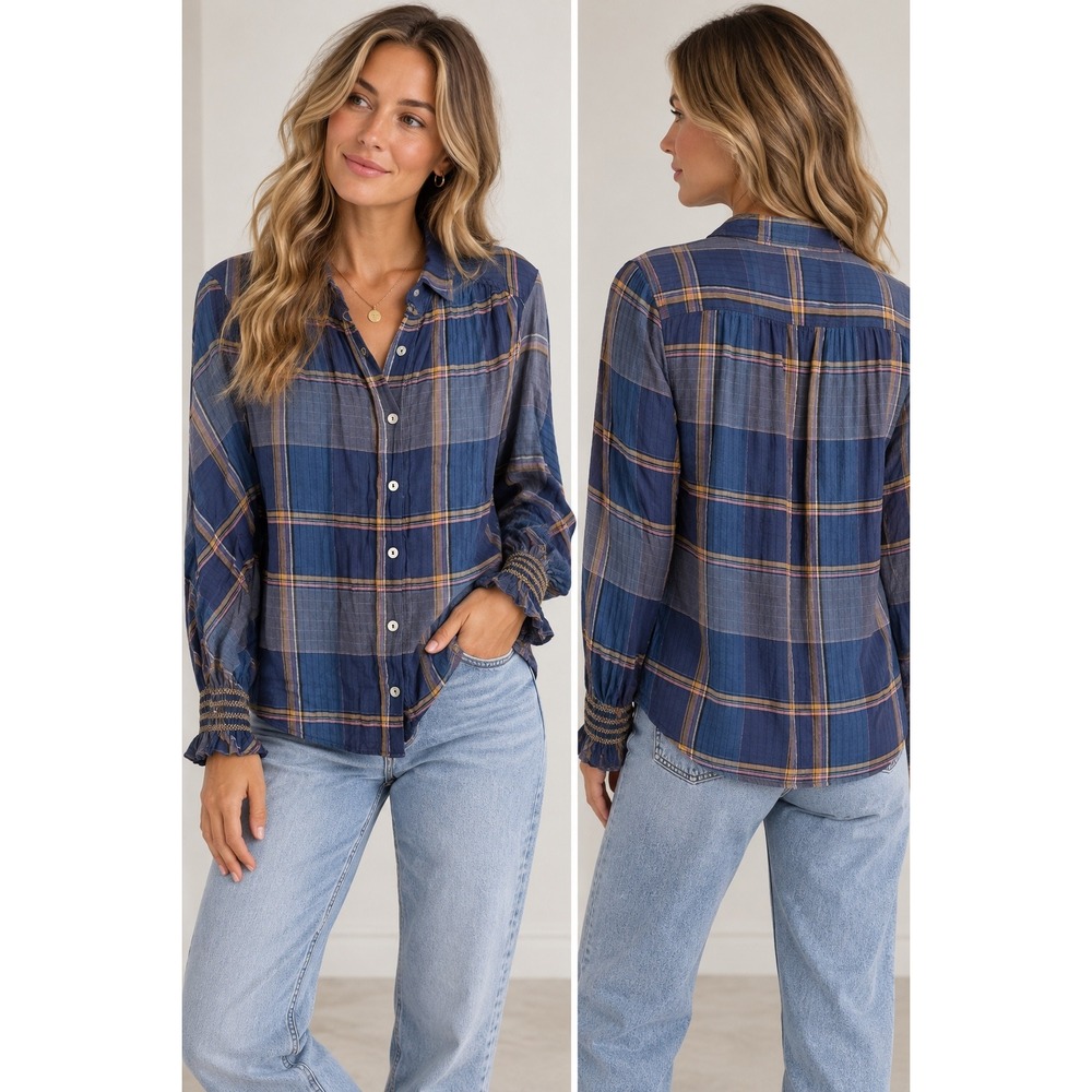 Wrap London Button Front Cotton Wool Checked Plaid Blouse Blue Smocked Cuffs 14